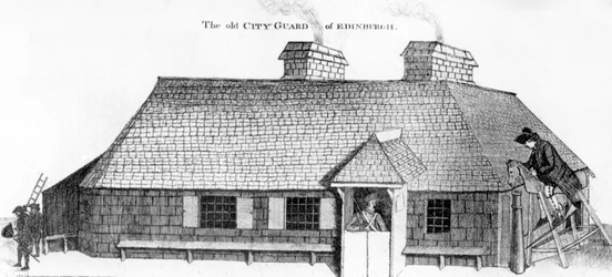 Old City Guard of Edinburgh with the Wooden Horse for Punishing the Soldier, 1786